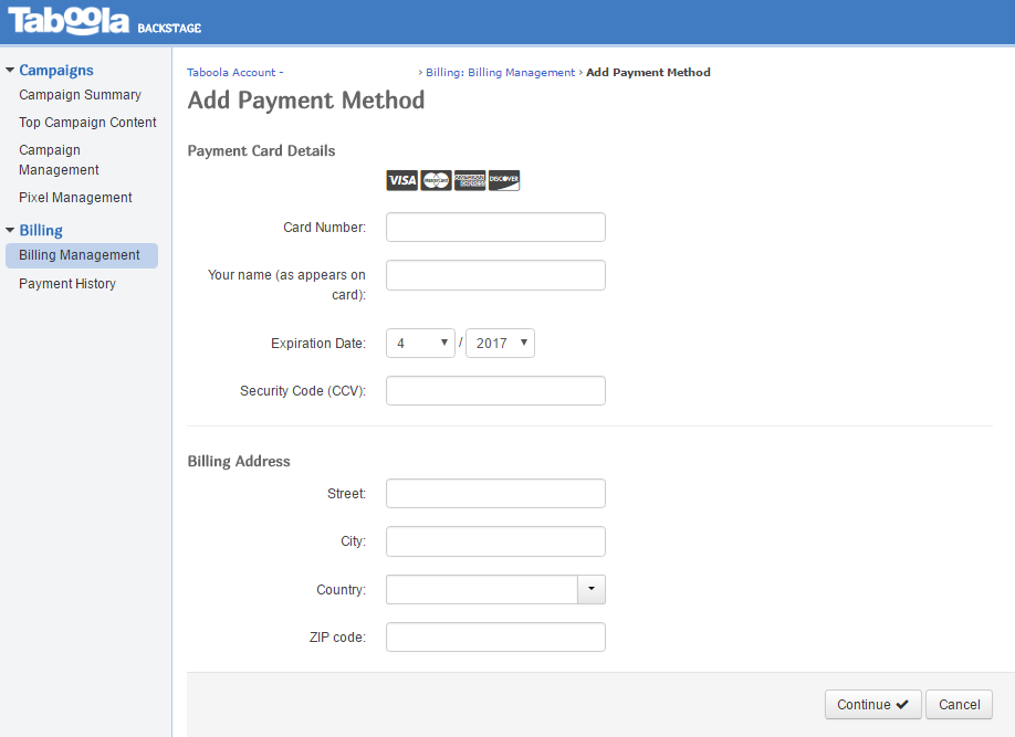 Managing Payment Methods Taboola Advertiser Help Center